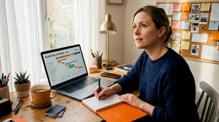 Woman planning marketing roadmap at home desk