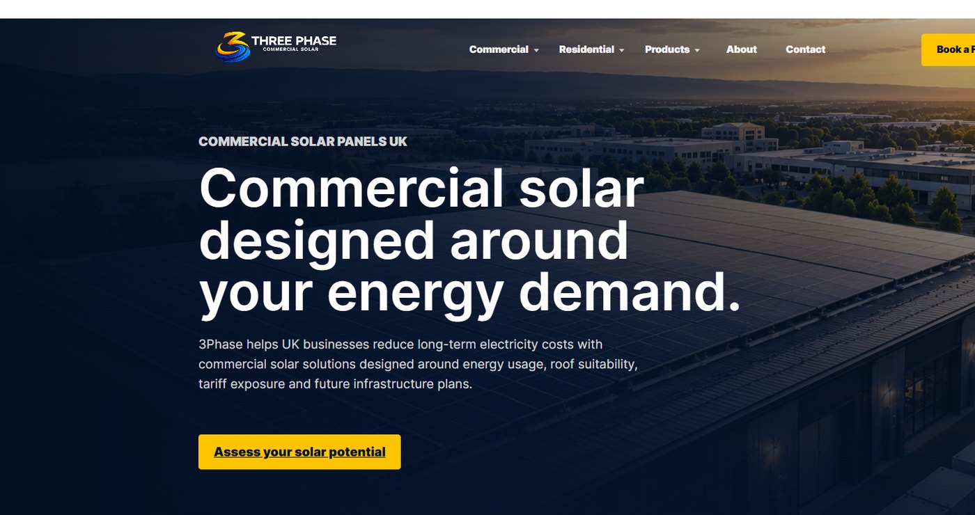 Three Phase commercial solar page screenshot