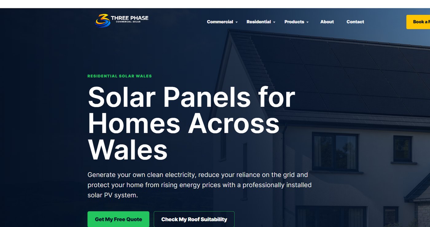 Three Phase residential solar page screenshot