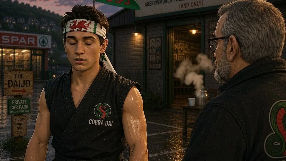 Cobra Dai in his black karate uniform at the Daijo, from Abercwmdai promotional imagery