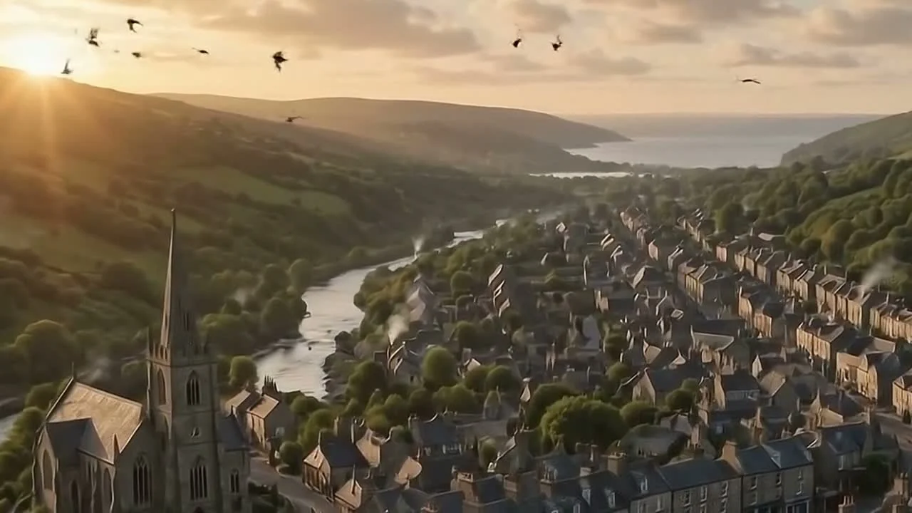 The animated Welsh town of Abercwmdai, with its river, church and valley houses