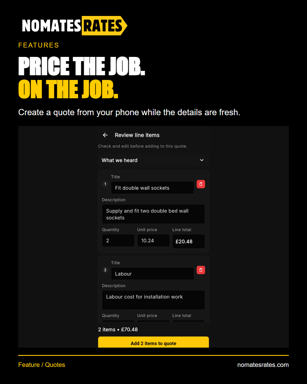 No Mates Rates feature graphic showing the quote-building app screen