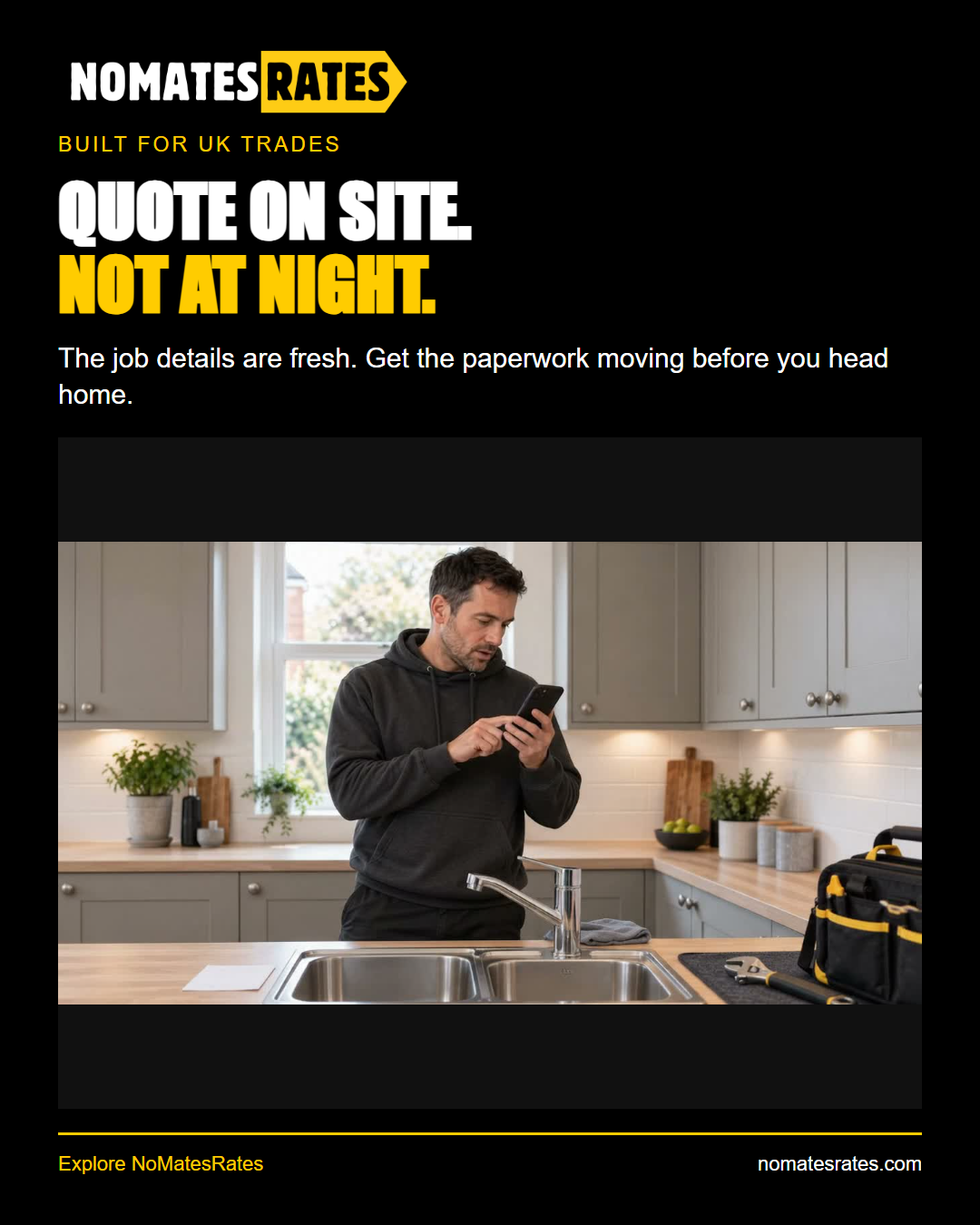 No Mates Rates launch graphic: Quote on site, not at night