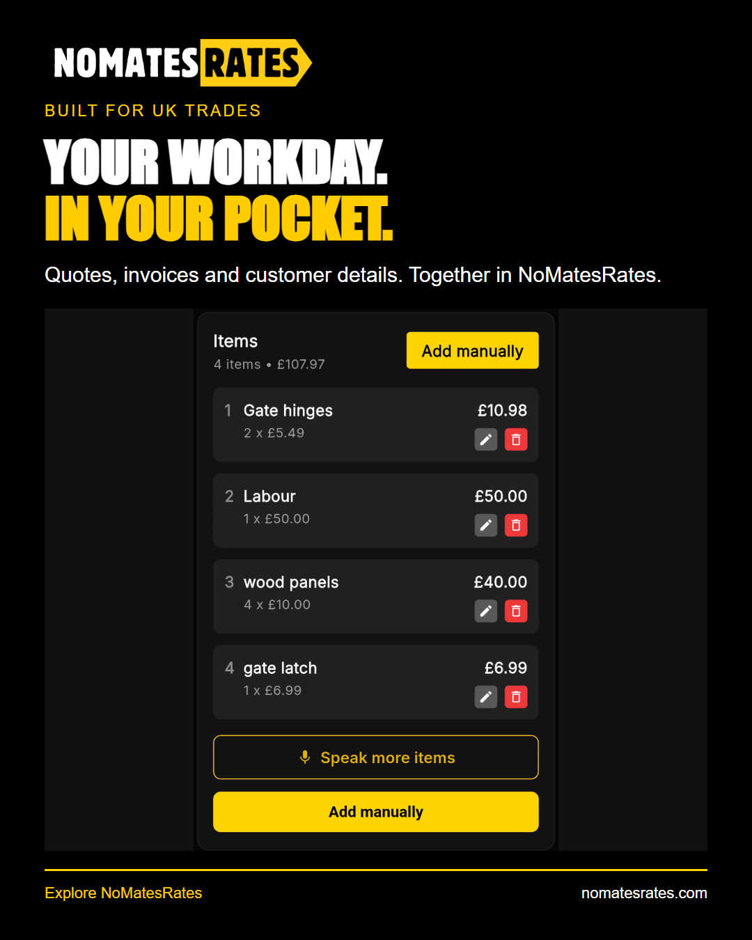 No Mates Rates product launch graphic showing the app item list