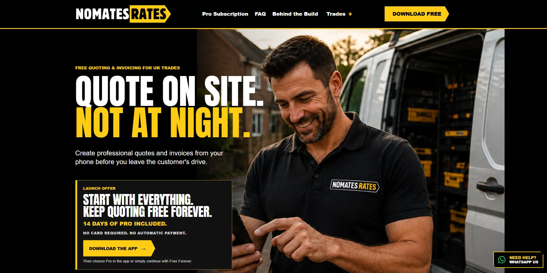 No Mates Rates homepage designed and built by Jamie Lewis Marketing, with the headline Quote on site. Not at night.