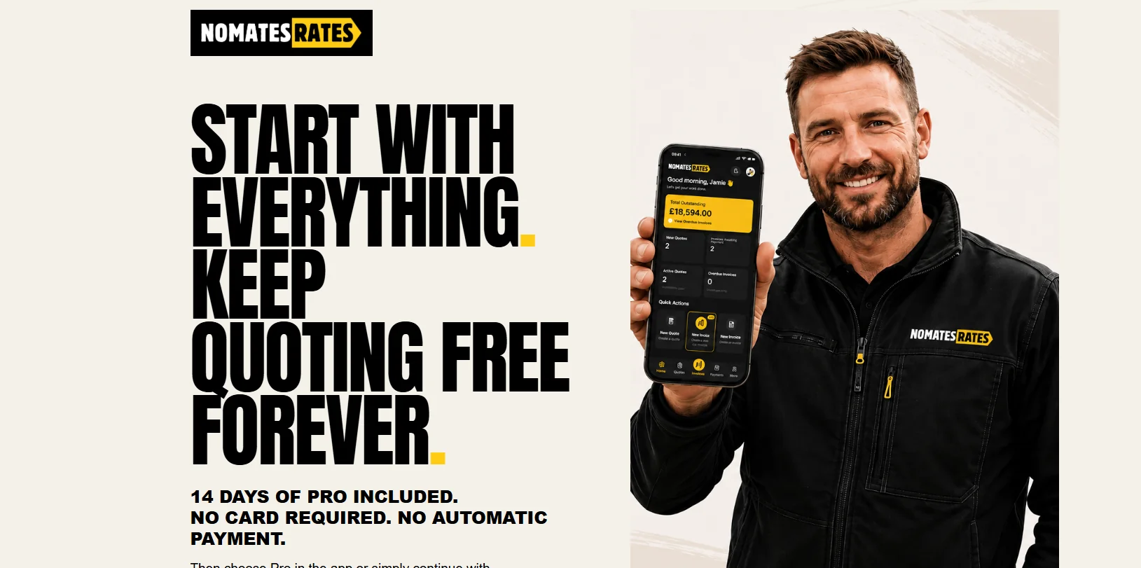 No Mates Rates website launch offer section with branded app imagery and the message Start with everything. Keep quoting free forever.